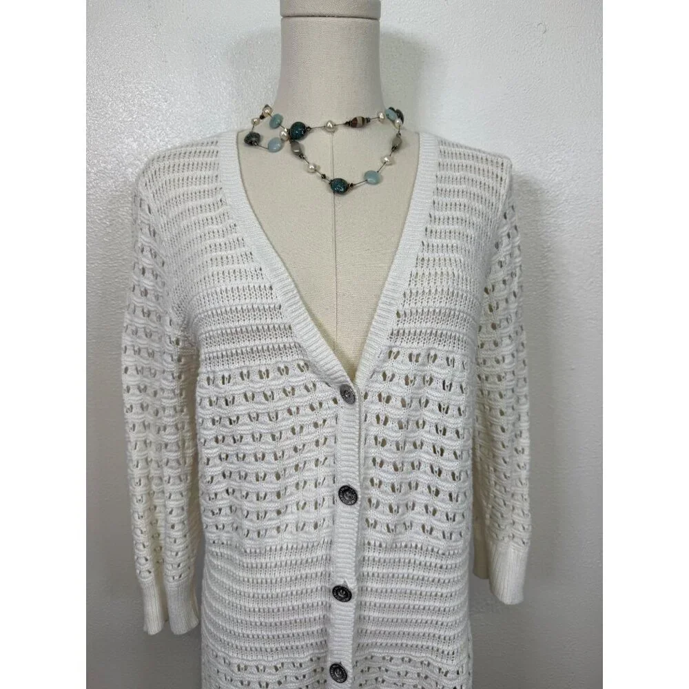 DKNY Women’s Large Cardigan Sweater White Ivory Knit Crochet 3/4 Sleeve cotton